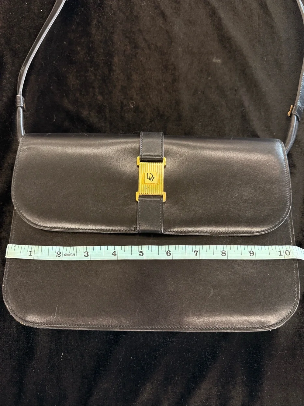 Vintage Dior Black Leather Messenger Bag with Gold Buckle